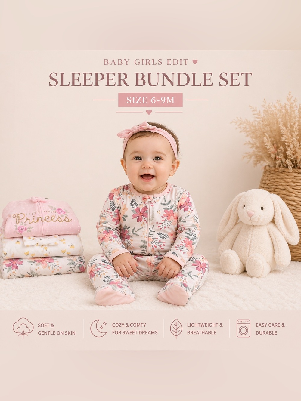 Baby Girl Sleeper Bundle 6-9M | Footed Pajamas Set | Soft Cozy Sleepwear